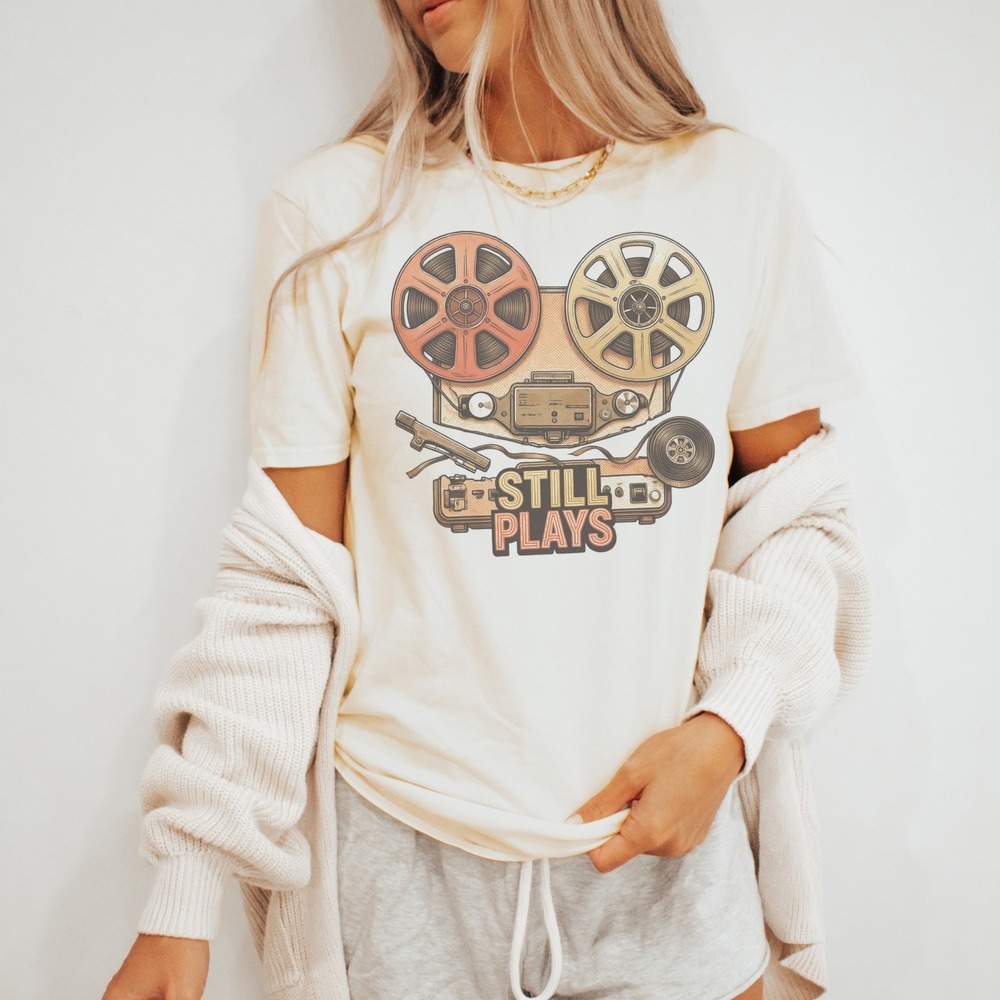 Still Plays Reel to Reel Unraveling Tape Retro Tee